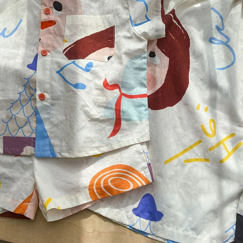 Loose Fit Summer Kids Clothes Set Girls Cute Graffiti Dress Boys Short Sleeved Shirt Children Thin Brother Sisters Outwear Suit