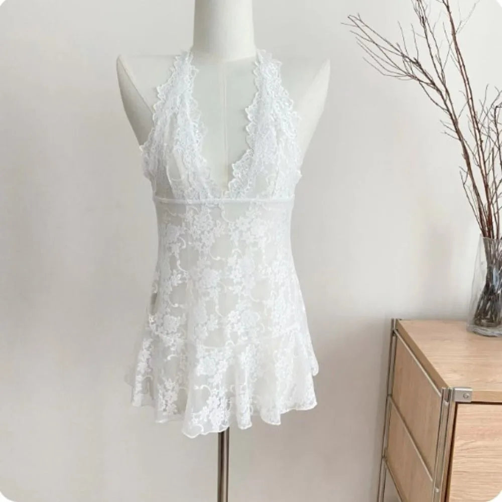 Fashion Transparent Lace Halter Dress V-neck Beachwear Lace-up Short Skirts A-line Spicy Girl Style Dresses Women Club