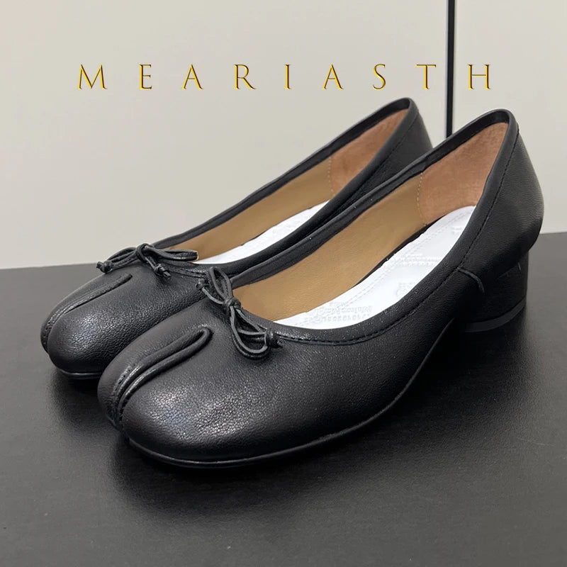 Slip-On Cylindrical Heel Tabi Pumps Bowknot Split Toe High Heels for Women Handmade Multi-Color Novelty Design Leather Shoes New