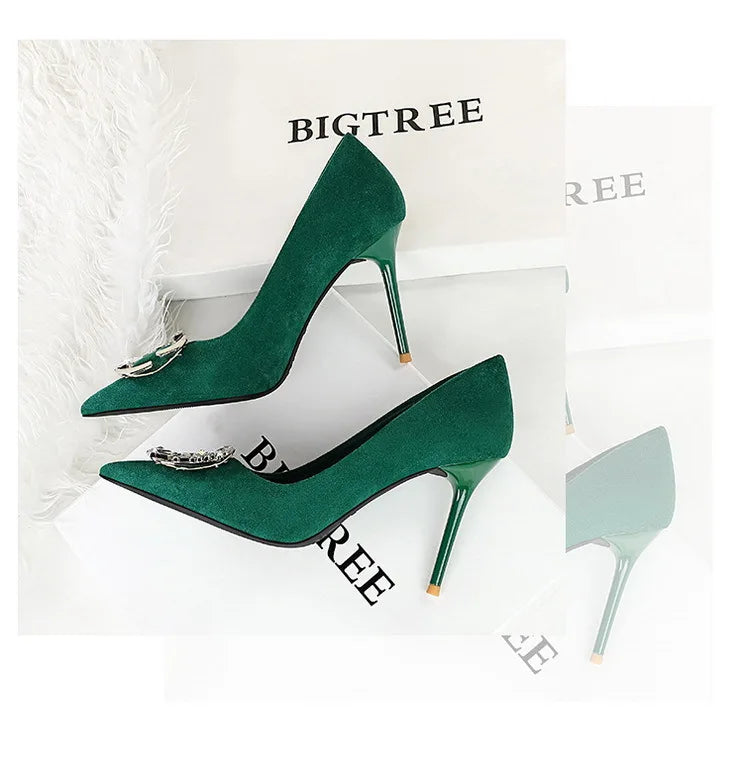 BIGTREE Shoes Metal Rhinestone Belt Buckle Women Pumps Suede High Heels Luxury Banquet Shoes Sexy Party Shoes Women Stilettos
