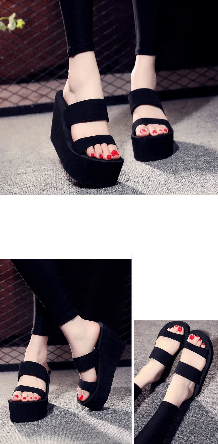 Summer New Fashion Leisure Super High Heels Wedges Chunky Sole Platform Cutout Peep Toe Women Gladiator Slippers Ladies Beach Sh