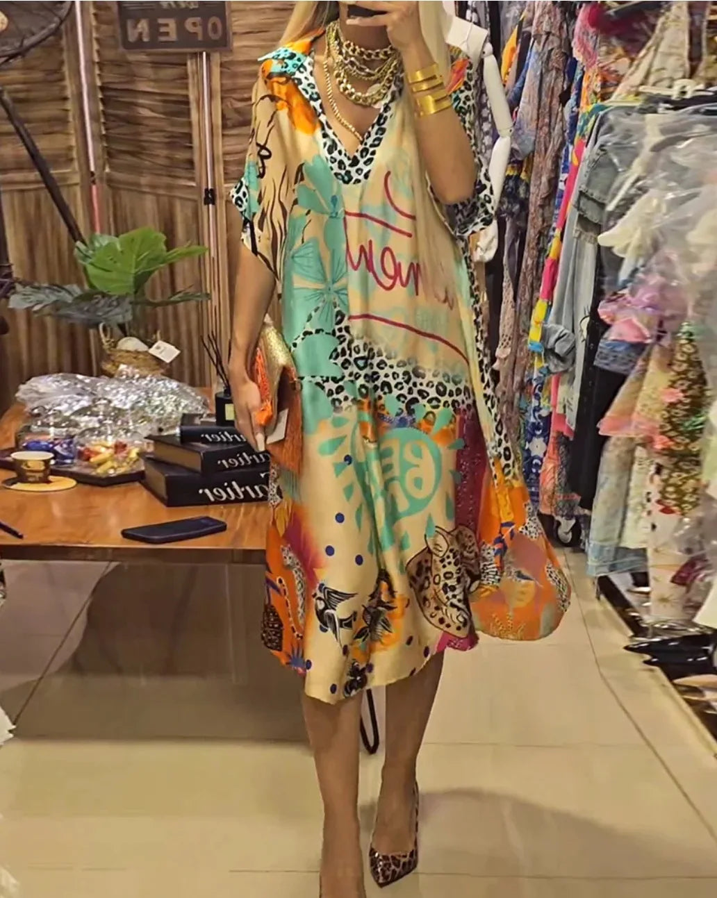 Leopard Print Shirt Dress Women Loose V Neck Summer Mid Calf Polyester