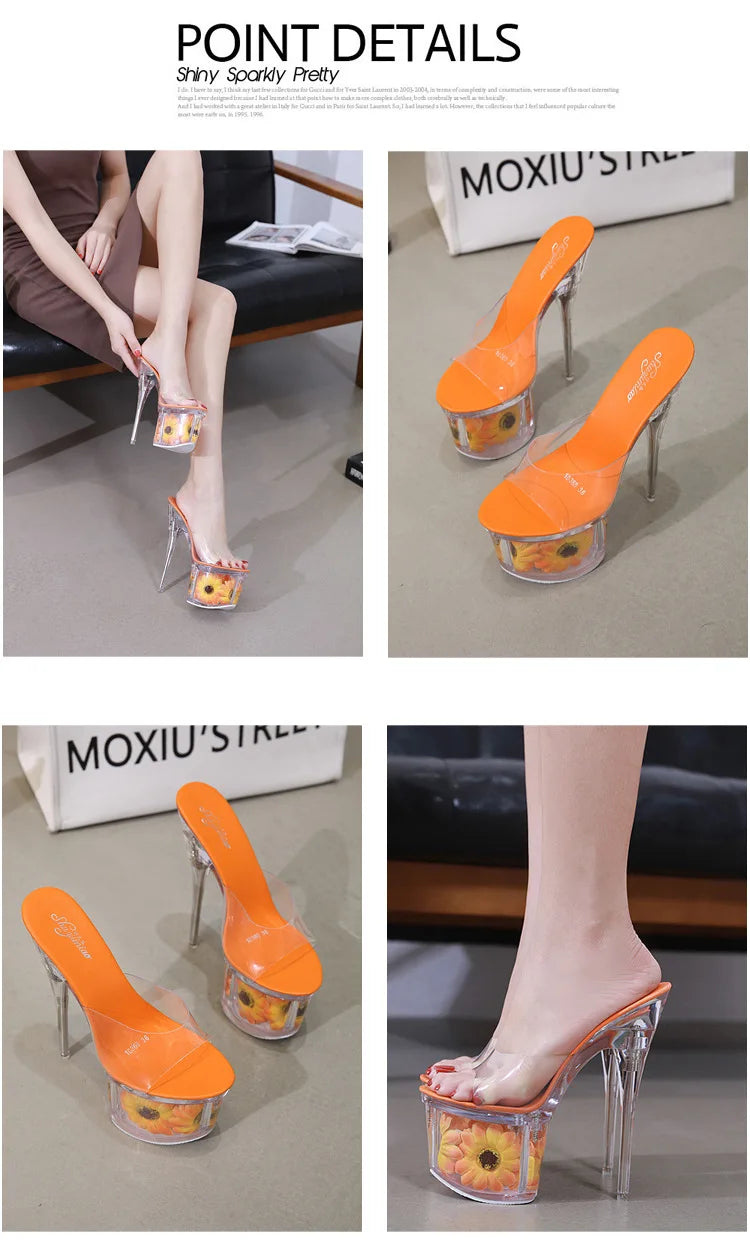 Crystal Transparent Shoes Women 17.5CM Super High Heels Plus Size Nightclub Sandals Clear Thin Heeled Fashion Female Slippers