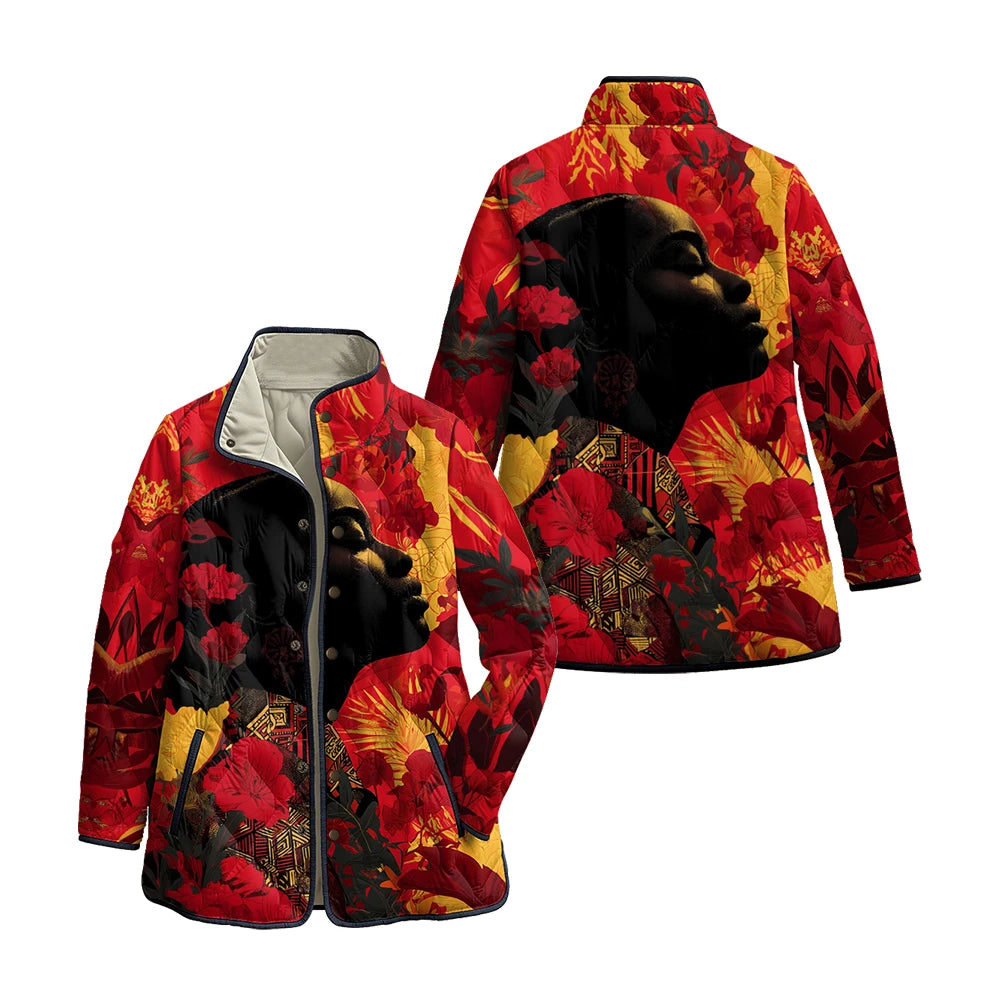 Women's African Art Jackets with Female Profile Florals Pattern Coats Multi-Color Silhouette Patterns Artistic Winter Outerwear
