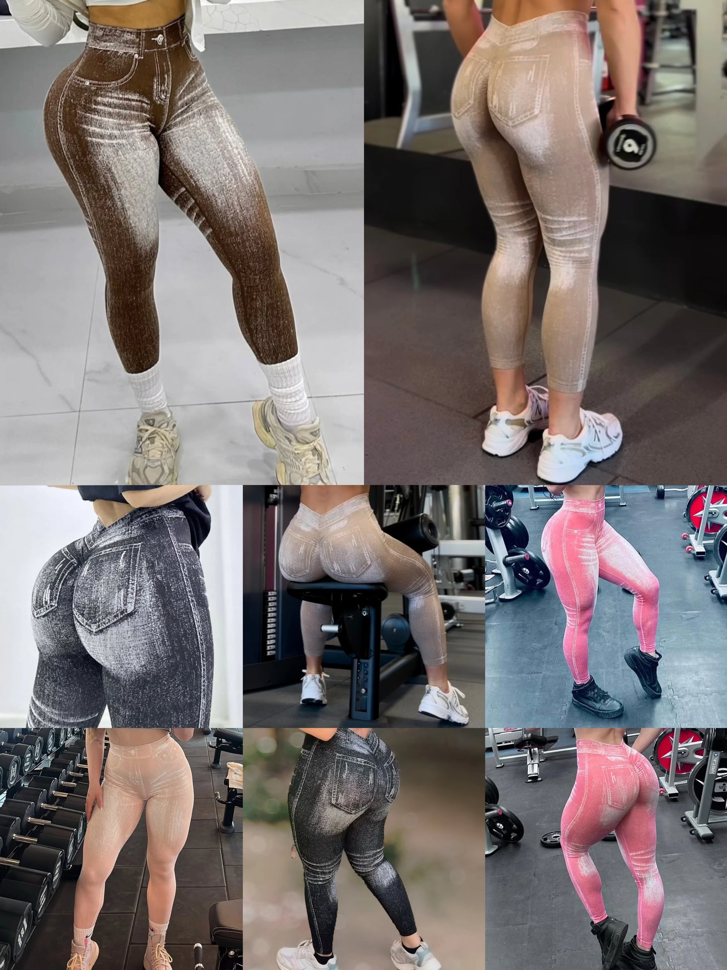 Women V Back Faux Denim Leggings For Gym Workout Athletic Yoga Pants Seamless