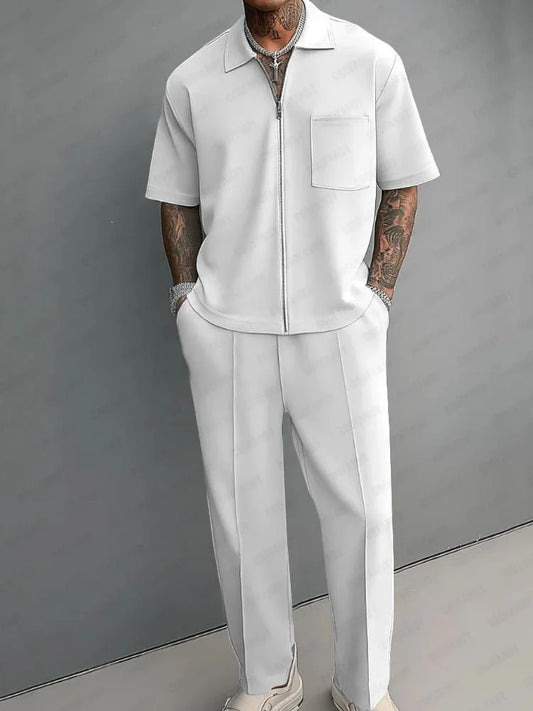 Men 2 Piece Outfits Half Zip Polo Short Sleeve Shirt Straight Leg Pants Set Casual Solid Color Knit Tracksuit Streetwear Suit