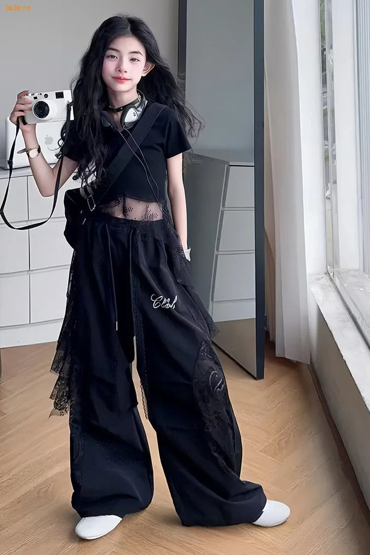 4-14 girls Hip Hop Jazz Street Dance clothes Set Child Summer Clothing Lace patchwork T-shirt+work pants 2pcs kids outfits suit