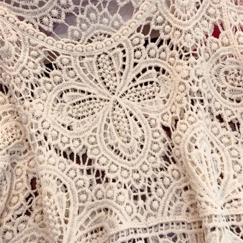 2024 Summr New Versatile Retro Sweet Lace Cut-out Crochet Shawl Cropped Top Summer Three Quarter-sleeve Hollow Out Top