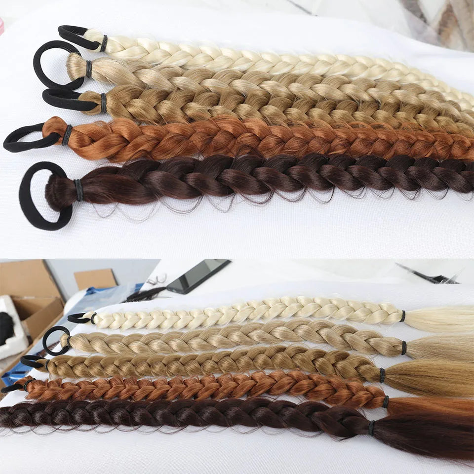 Synthetic Braided Ponytail Hair Extension With Rubber Band Boxing Braids For Women Hair Accessories 24Inch Long Black Braids