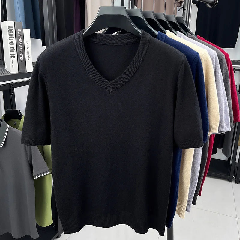 Mens V Neck Short Sleeve Wool Knit Pullover Soft Thin Knitwear For Business Office Daily Casual Spring Summer Basic Tops