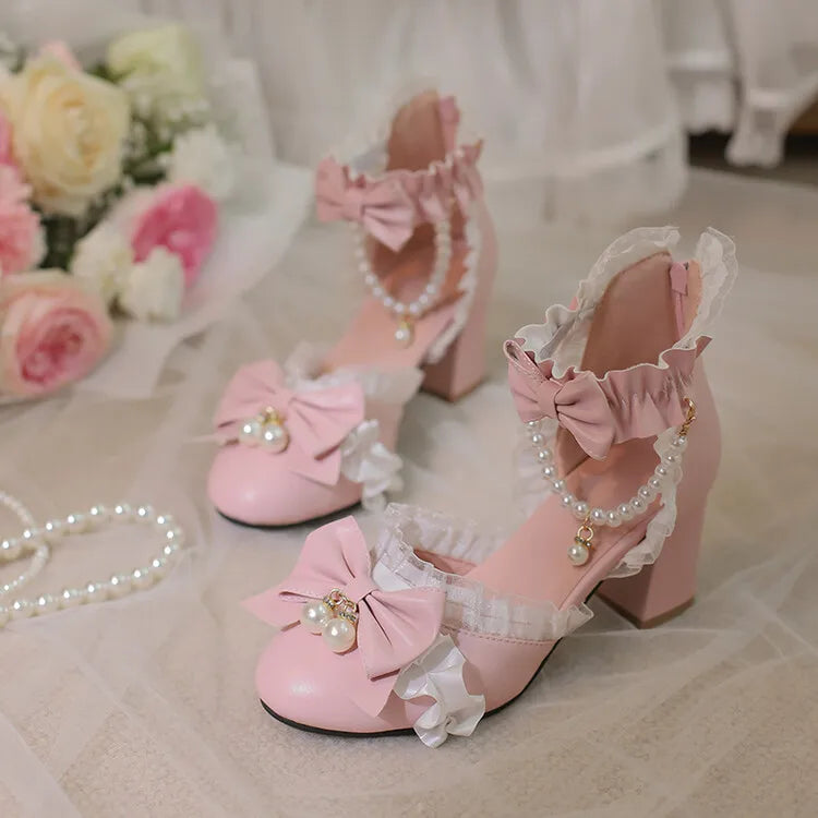 Ochanmeb Sweet Kawaii Girls Lolita Shoes Thick High Heels Cosplay Pumps Bow Knot Pearls Chain Ruffles Lovely Wedding Party Pumps