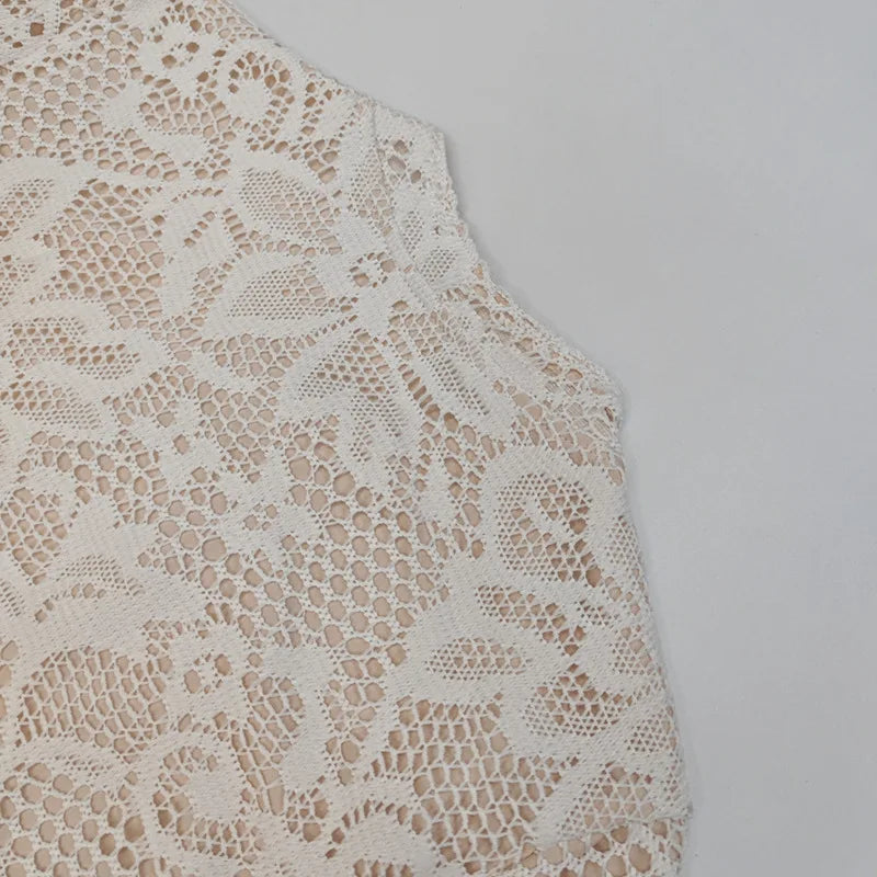 Suninheart Hollow Out Long Sleeve Cocktail Dress Women Lace Stand Collar