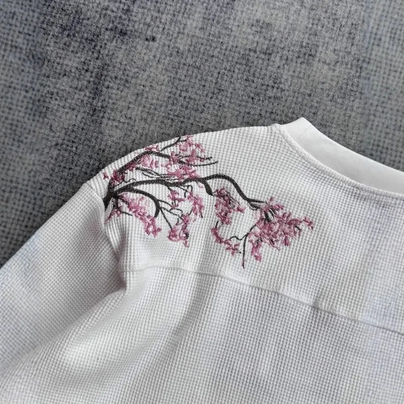 Deeptown White Cherry Blossom Embroidery Man Women T-Shirts Long Sleeve Oversized Waffle Tees Basic Harajuku Casual Streetwear