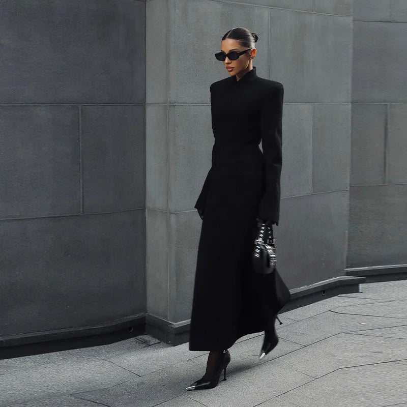 Elegant Long Coat Women V-neck Solid Slim Single-breasted Waist-closed Jackets Lady 2026 Spring Chic Female Streetwear