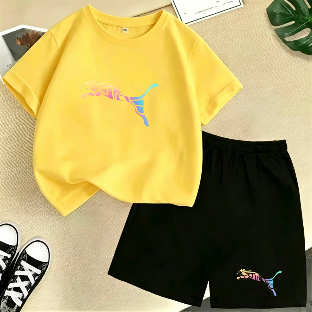 Kids Summer Casual Round Neck T-shirt Colorful Gradation Animals Boy Girl3-12Yrs Short-Sleeved+Shorts Fashion Sports Clothes Set