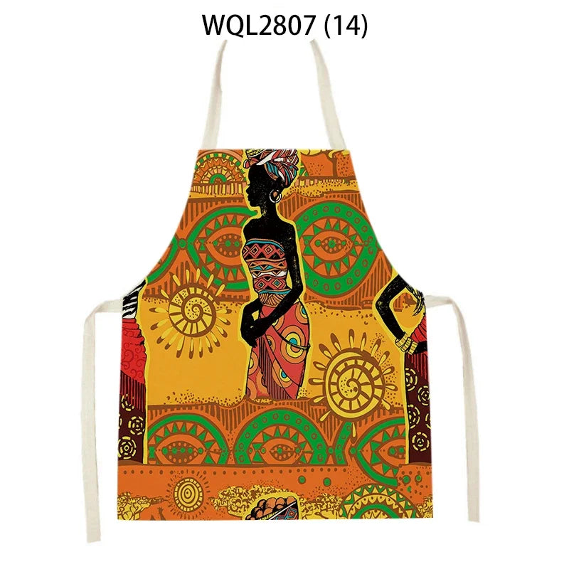 African Style Kitchen Aprons Linen Cooking Waist Bib African Woman Pattern Household Cleaning Sleeveless Pinafore Baking Aprons