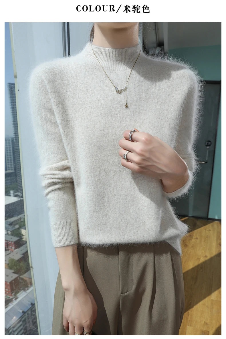 2024 Autumn And Winter New Women's Semi High Neck New Fashion Mink Sweater Long Sleeved Loose Sweater Slimming Knit Sweater Base
