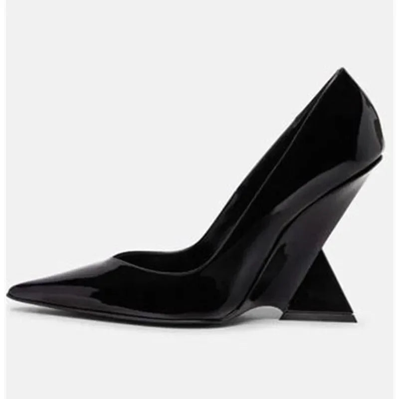 Summer 2024 New High Heels Thick Sole Thick Heel Lacquer Leather Shallow Mouth Pointed Fashion Sexy Women's Oversized Shoes