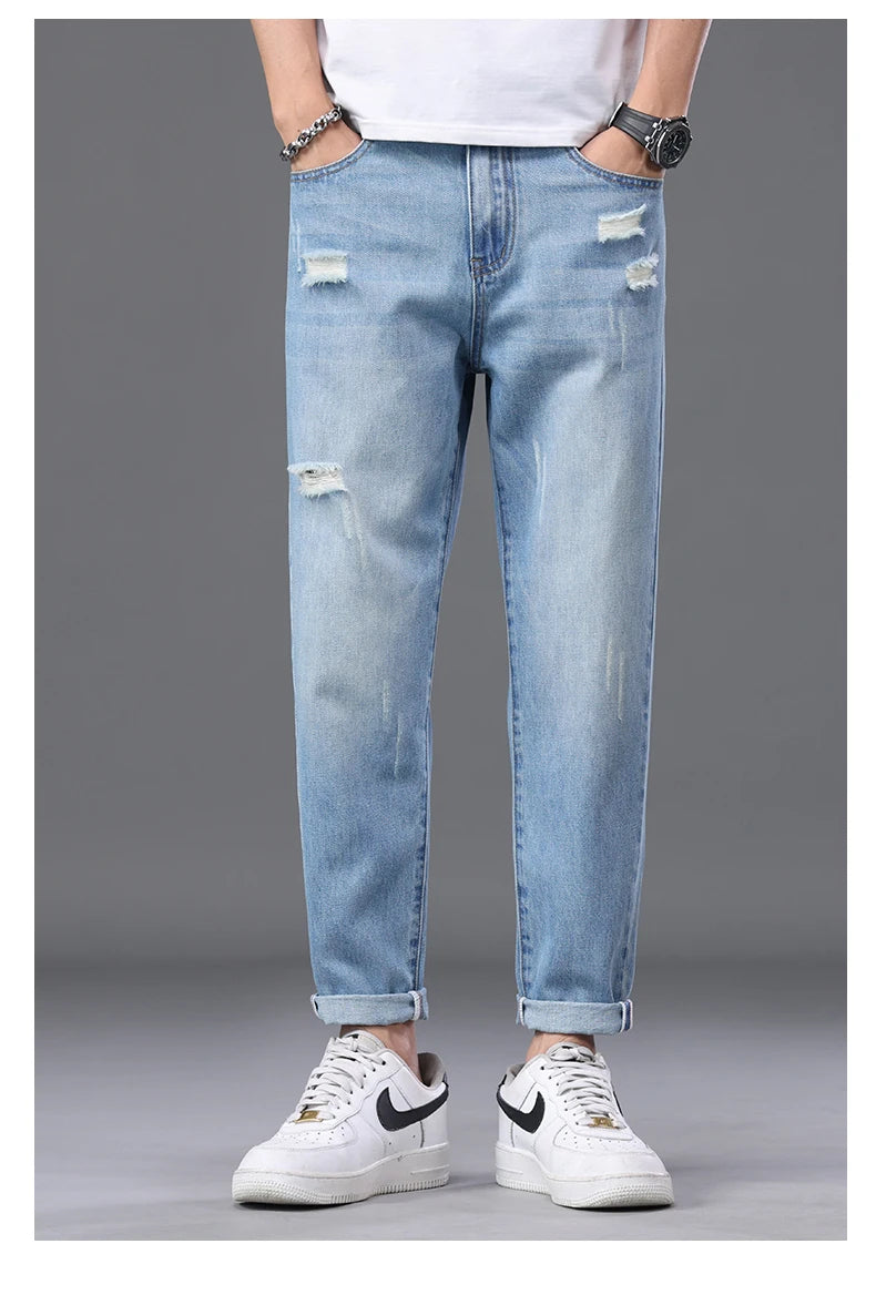 2026 Spring Summer Men's Ripped Jeans Cotton Trendy Straight Casual Denim Pants Trousers Outdoor Pastoral Outing