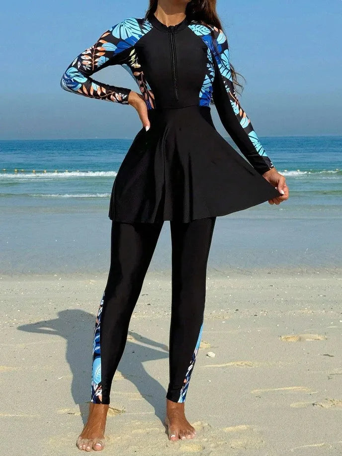 Burkini Femmes Swimwear Long Sleeve Black Tunic Swimsuit Full Leggings Front Zipper Swimming Suit Sun Protection Two Piece