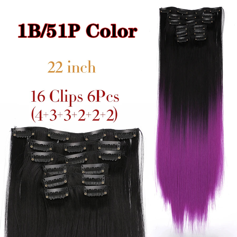 22 Inches Synthetic Long Straight Hairstyle 16 Clips 6Pcs/Set Hair Extensions Blonde Black Hairpieces Heat Resistant For Women