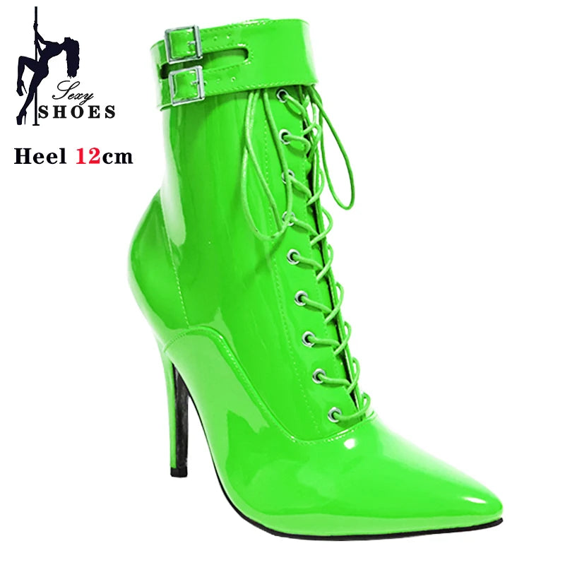 Cross-tied Pink Pointed Toe Ankle Boots 12cm Sexy Fetish Stripper Shoes Patent Leather ZIP Short Boots Women Heels Plus Size 46