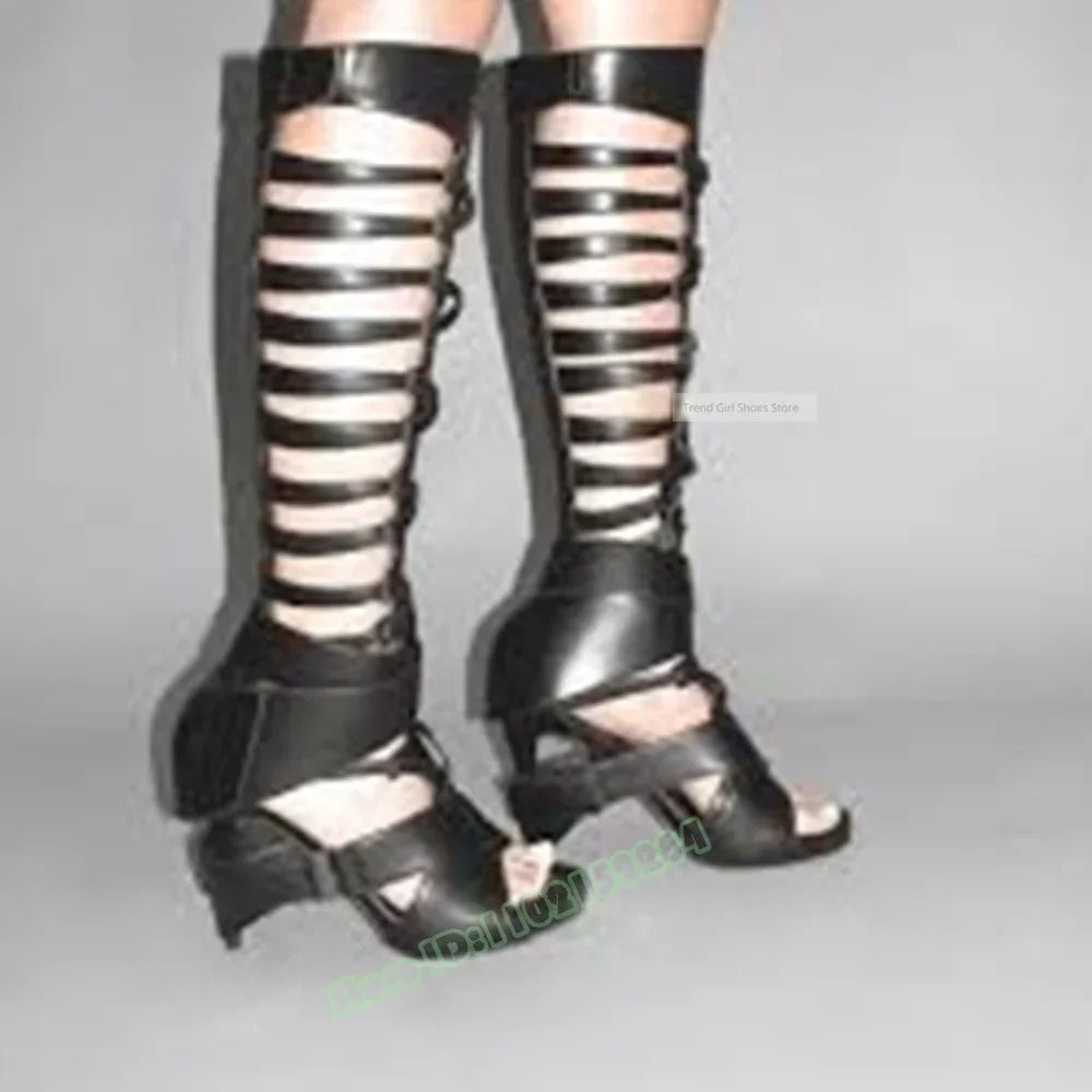 Hollow Straps Buckles Sandals Open Toe Solid Knee High Sandals Stiletto Heels Summer Women Sexy Shoes Party Casual Designer Shoe