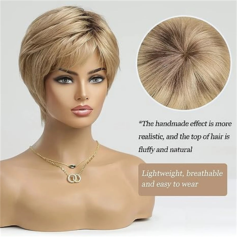 Blonde Human Hair Wigs Dark Root Short Pixie Cut Bob Wigs Machine Made Remy Human Hair Wig for White Women Daily Heat Resistant