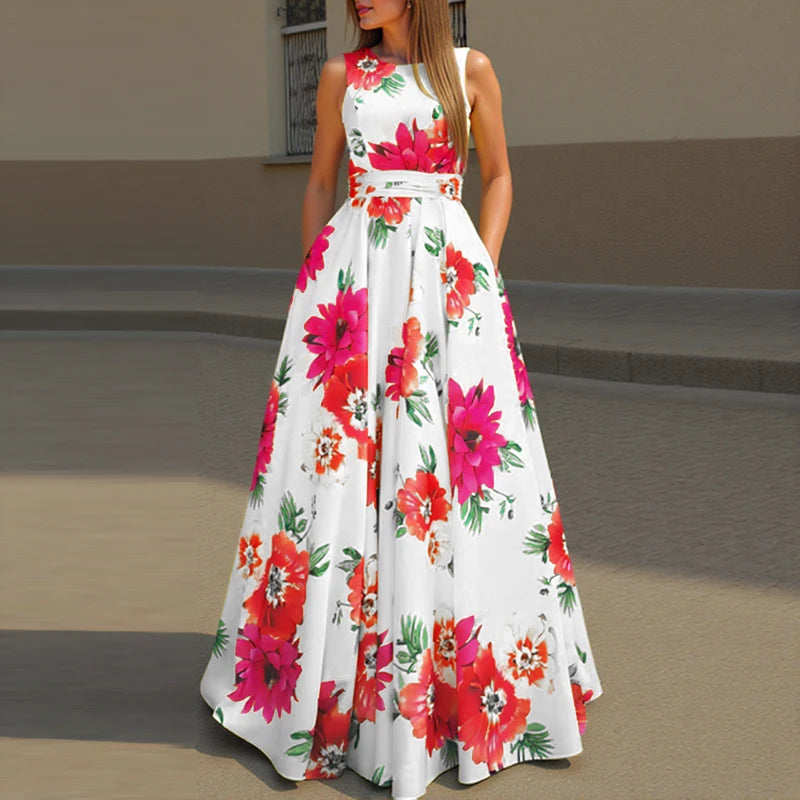 ZANZEA Women Floral Printed Bohemian Sundress 2026 Summer Tank Dress Fashion Sleeveless Waisted Robe Casual Party Maxi Dresses