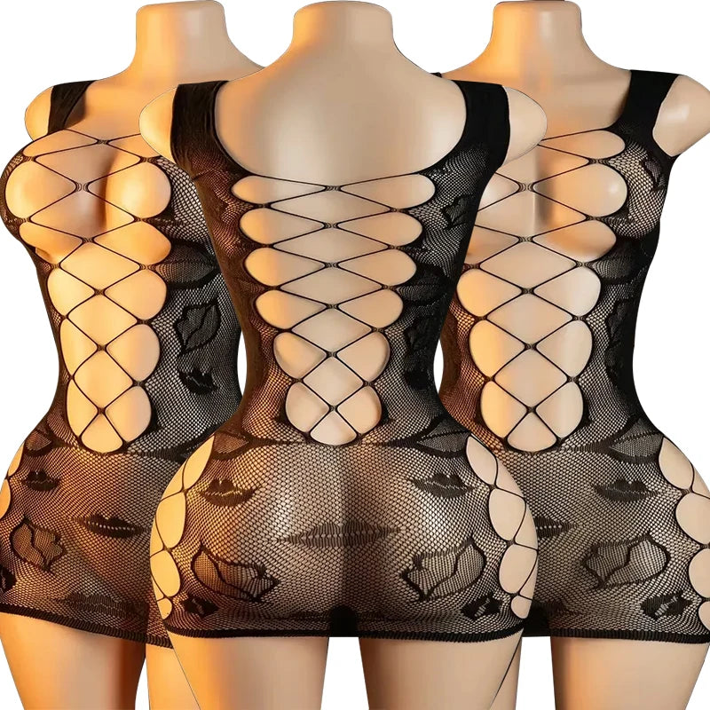 New Sexy Big Loophole Open Bras Body Suits Erotic Crotchless Lingerie Women Fishnet Hollow Dress Black Plus Size Underwear Sets