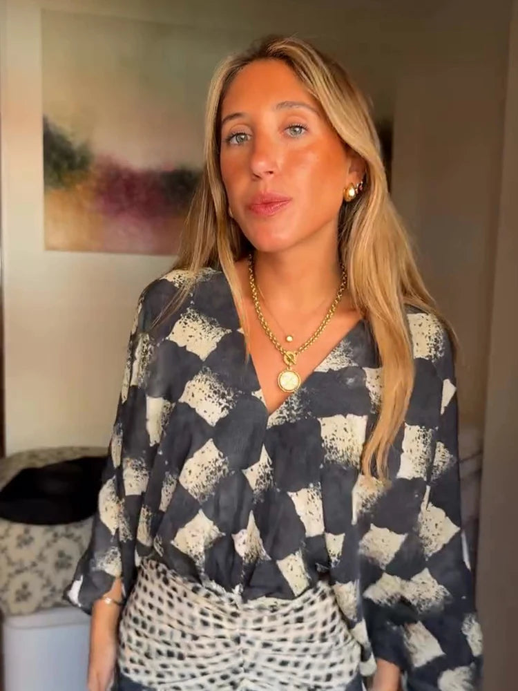 Elegant Plaid Printed Women's Dress V-neck Batwing Sleeve Waist Cinching Long Dress 2026 Spring Summer Casual Holiday Lady Robes