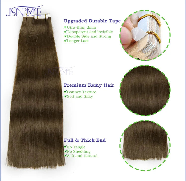 JSNME High Quality Tape In Hair Extension Invisible 100% Real Human Hair Straight Tape Ins  Brown Blonde 2.5g/pcs 16-22 Inch