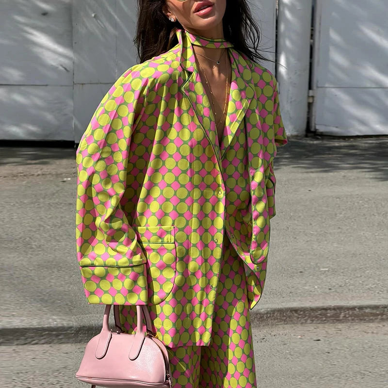 Casual Plaid Women's Blazer Pant Suits Scarf Collar Long Sleeve Button Shirt Pleated Wide Leg Trousers 2026 Summer Female Set