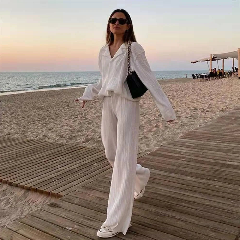 New Two Piece Set Women Outfits Pleated Women's Elegant  Drape Loose Sets Shirt High Waist Trousers Female Suit Fashion Casual