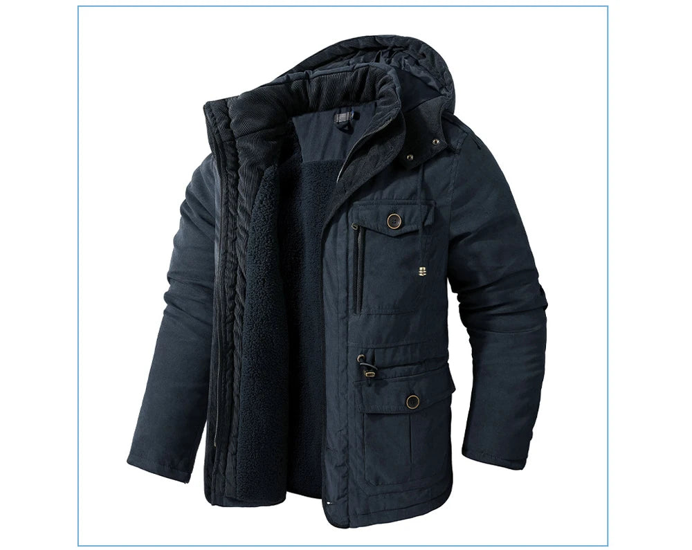 Winter Mens Fleece Warm Jackets Fashion Men Thicken Thermal Tactical Hooded Coats Men Outdoor Multi-pocket Windbreaker Jacket