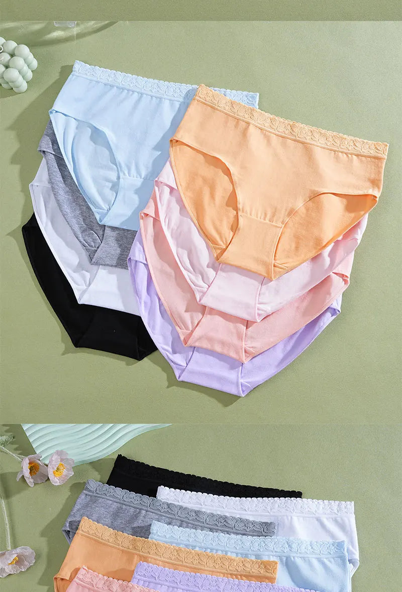 FINETOO 5PCS/Set Women Cotton Panties Sexy Low Waist Briefs Lace Cotton Female Comfortable Underwear Solid Color Soft Lingerie
