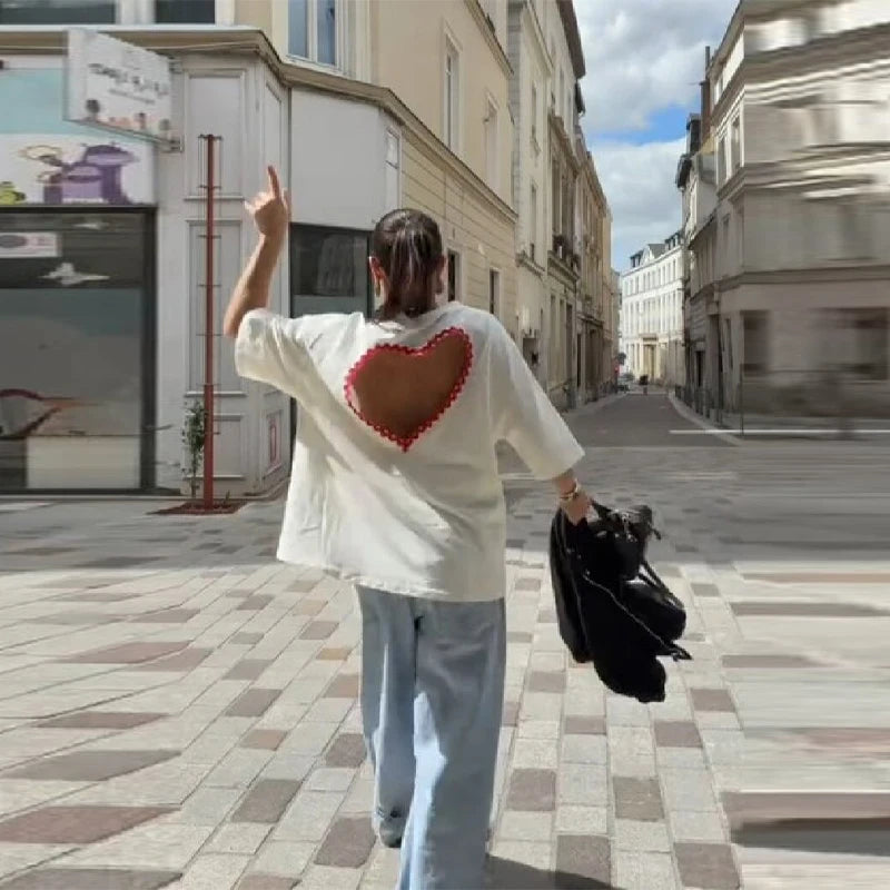 Y2k Style White Oversized T Shirt Women Fashion Backless Heart Cutout Red Trim Half Sleeve Tops Summer Casual Streetwear Outfits
