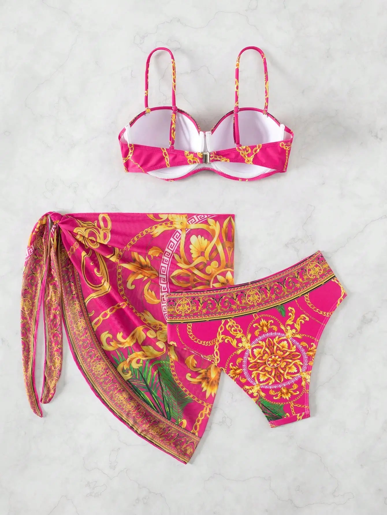 Summer Beach Vacation Chain Print Wrap Dress Bikini Swimwear Three-Piece Set for Women