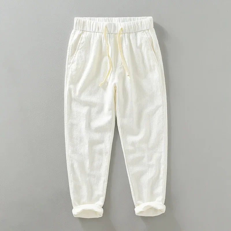 Men's Casual Harem Pants: Ankle-Length Linen Trousers in Vintage White, Brown, and Khaki - Breathable and Pleated for Comfort