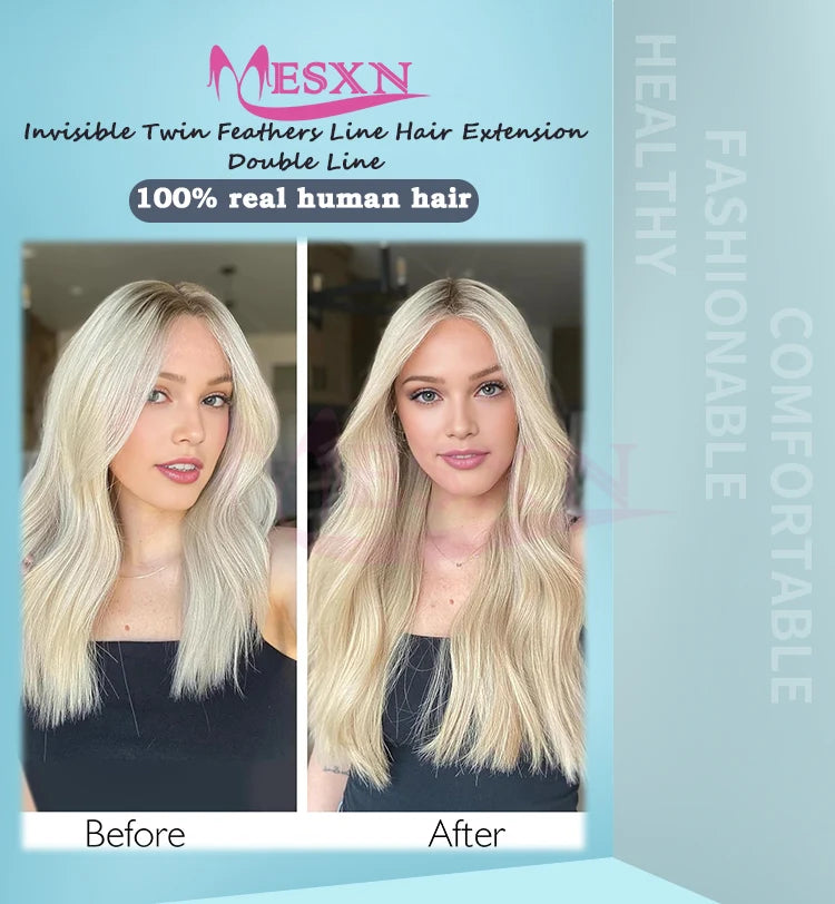 MESXN Double line New Feather hair extensions 100% Human Hair Real Natural Hair Comfortable and Invisible Brown Blonde 613