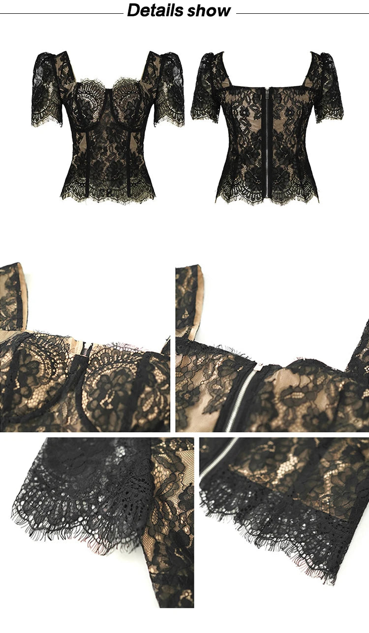 French Fashion Elegant Black Blouse Hook Floral See Through Women Tops Outfits Sheer Lace Sexy T-Shirts Tees Party Sweet Clothes