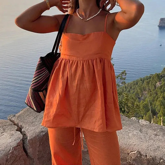Linen Cotton Orange Women's Set 2 Pcs Pants Set Women Casual Outfits Spring Summer Beach Holiday New In Matching Outfit 2025