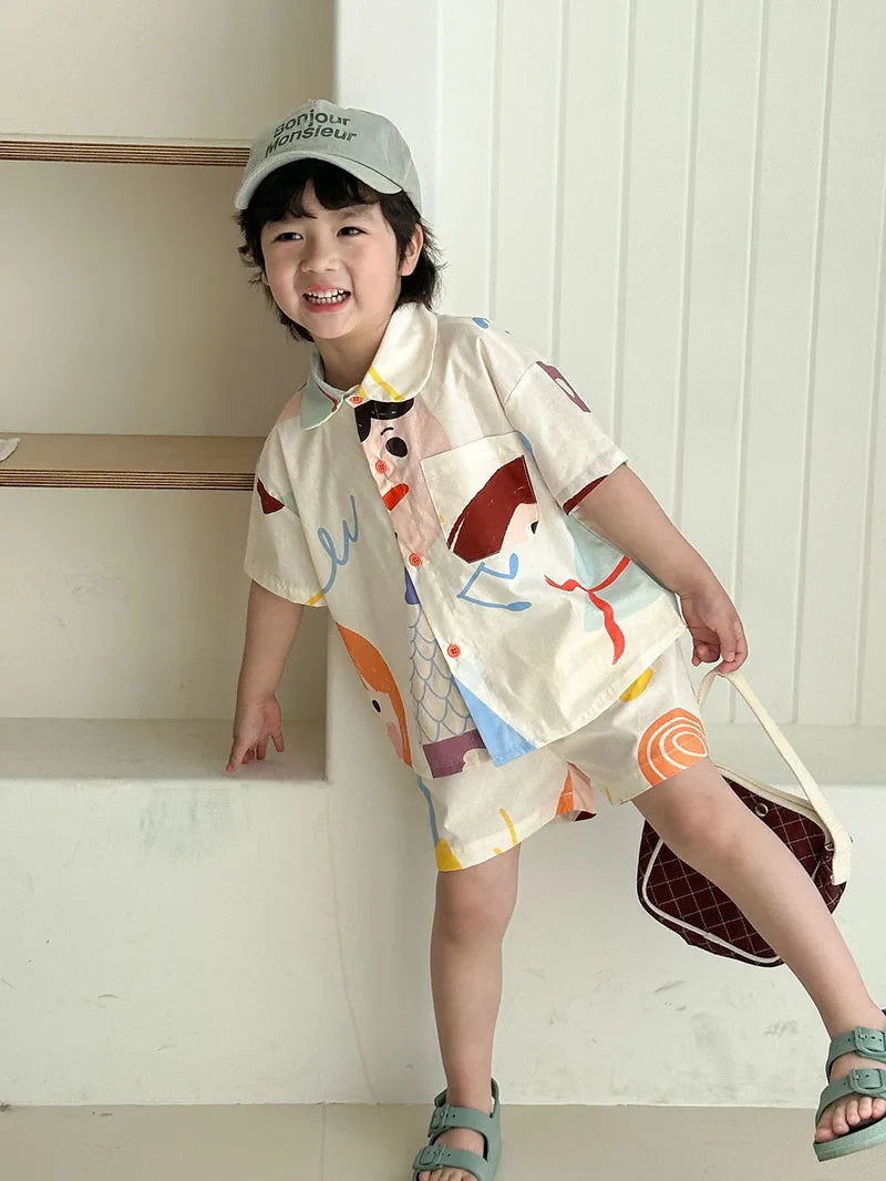 Loose Fit Summer Kids Clothes Set Girls Cute Graffiti Dress Boys Short Sleeved Shirt Children Thin Brother Sisters Outwear Suit