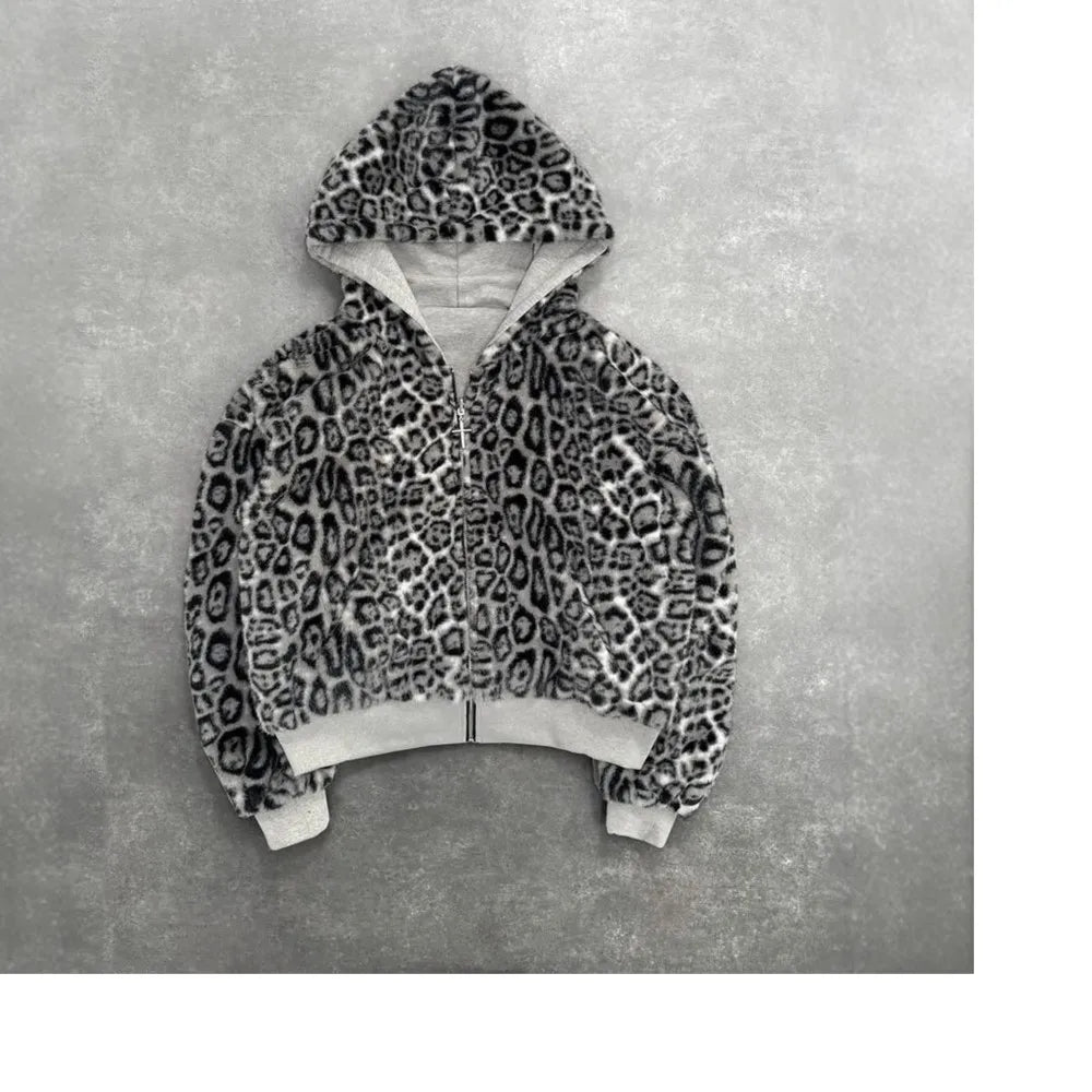 New Autumn Winter New Hooded Sweatshirt Both Sides Women's Jackets Fashion Retro Leopard Print Zipper Hoodie Loose Tops Female