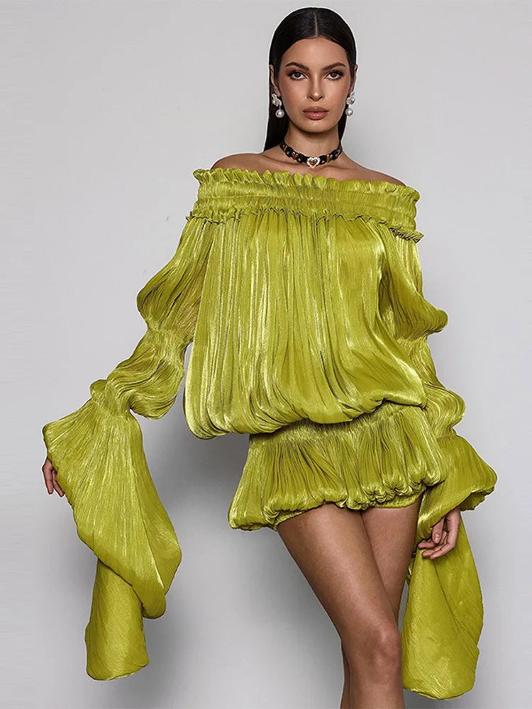 Women's Y2k Off Shoulder Pleated Mini Dress Elegant Lime Green Flare Long Sleeve Ruffle Hem Bubble Vestidos Date Party Dresses