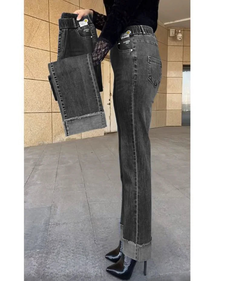 Plus Size Middle Aged Womens Jeans Elastic Waist High Waist Loose Denim Pants