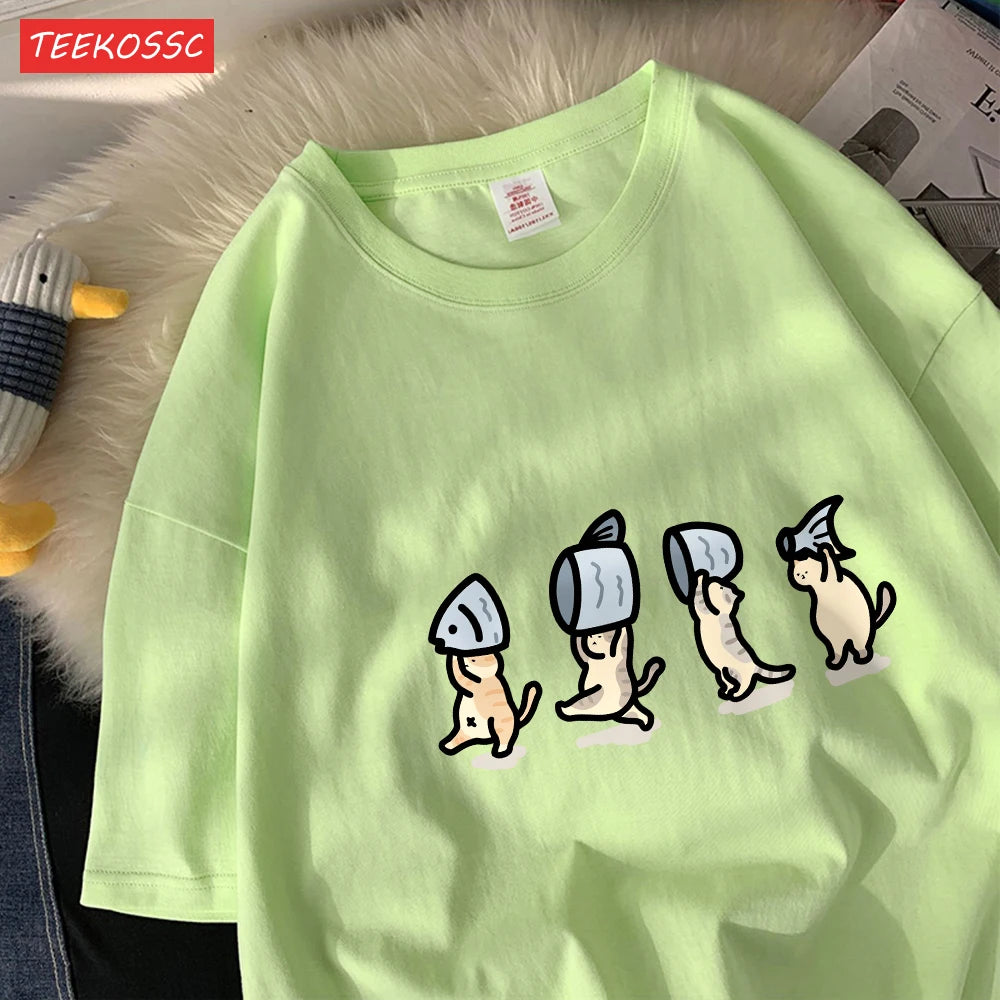 Four Little Cats Holding Fishcotton Women T-Shirts Cartoons Prints T Shirts Soft O-Neck Loose Short Sleeve Tops Summer Clothes