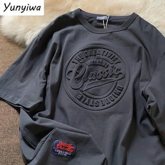 American Vintage Embossed Letter T-shirt Men Women's Summer Oversize Streetwear Unisex Cityboy Casual Short Sleeve O-Neck Top