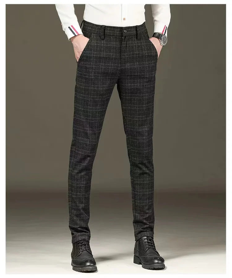 Fashion Black Grey Casual Trouses Mens Straight Fit Long Pants Striped Plaid Four Seasons High Quality Brand Business Trousers