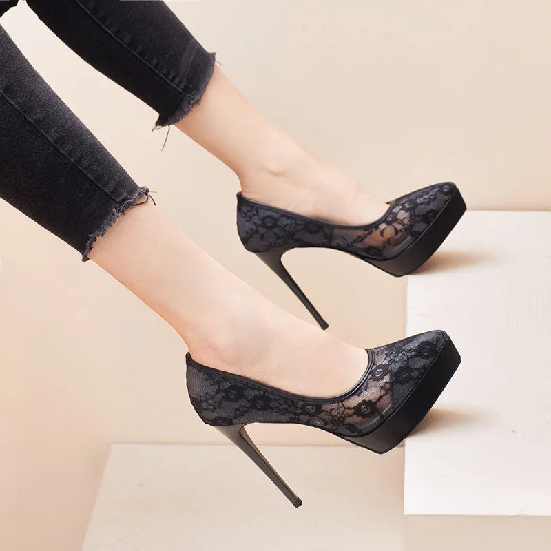 Fashion Roman Pumps 12Cm Black Platform High Heels Mesh Breathable Sexy Shallow Mouth Pointed Single Shoes Small Size 32 33
